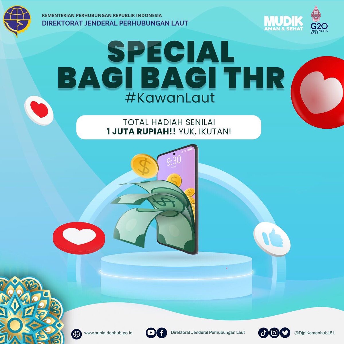 djplkemenhub151's tweet photo. Hai #KawanLaut udah pada semangat kan menyambut hari raya Idul Fitri?

Nah biar makin semangat Mintul bersama mau bagi-bagi THR buat 10 orang Kawan Laut yang beruntung😍 https://t.co/vnGCfTfOkK