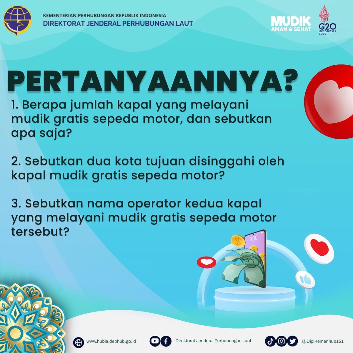 djplkemenhub151's tweet photo. Hai #KawanLaut udah pada semangat kan menyambut hari raya Idul Fitri?

Nah biar makin semangat Mintul bersama mau bagi-bagi THR buat 10 orang Kawan Laut yang beruntung😍 https://t.co/vnGCfTfOkK