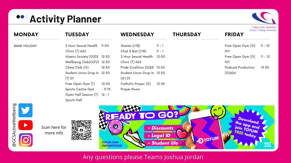 GCS_LE's tweet photo. Take a look at what’s happening on our campuses next week! 🗓

There are lots of activities and clubs on for students to enjoy. 😊

#students #wellbeing #activityplanner #gowercollegeswansea @GowerCollegeSwa https://t.co/uyj7zPVQpj