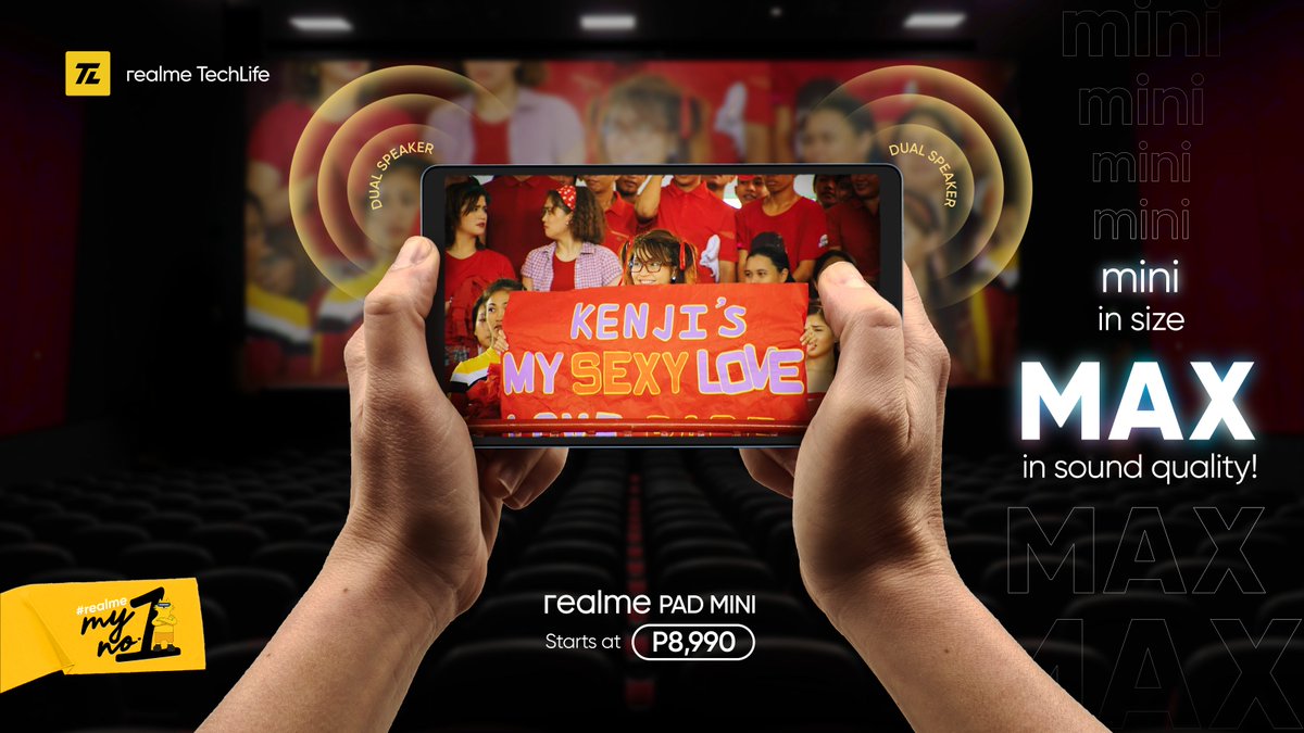 realme_ph's tweet image. An image you can hear. 😏 
Like the realme Pad Mini's MAX sound quality, this is how we can define its Dual Speakers that's loud and clear, bringing you enjoyable CINEMATIC EXPERIENCE. 🔊✨ 
Reply what you think Kathryn is chanting in this scene! 
#MiniIsPowerful #realmeMyNumber1