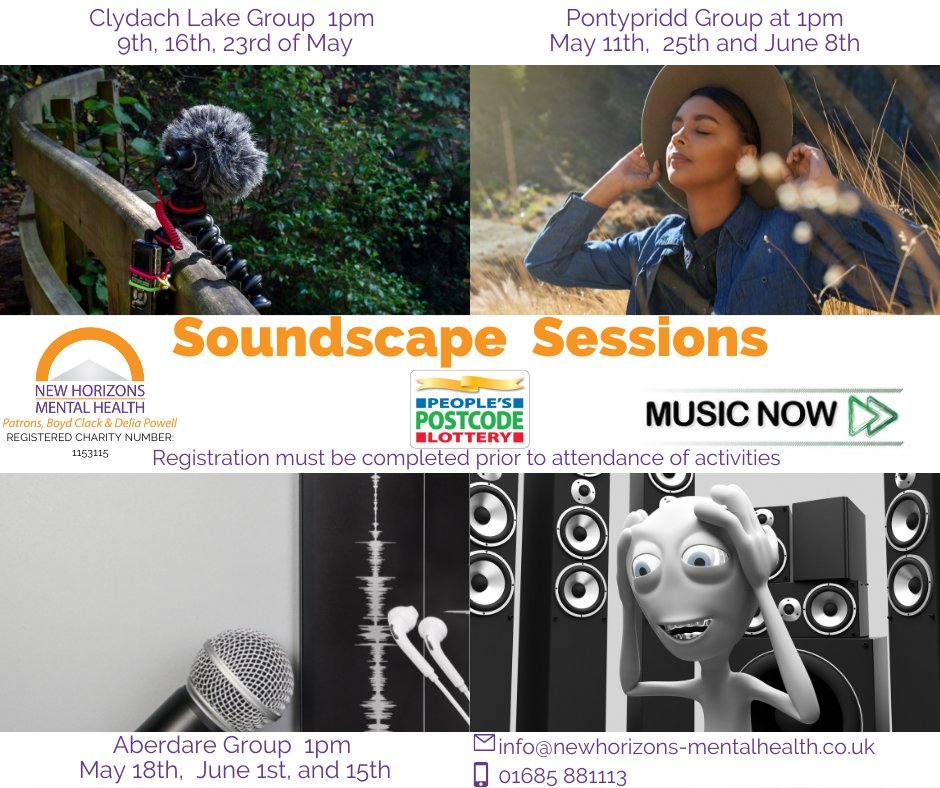 Newhorizons_16's tweet photo. Join us for our Soundscape sessions with groups planned in Clydach Lake, Pontypridd and Aberdare. The session will cover everything you need to make your soundscape. Call 01685 881113 or email info@newhorizons-mentalhealth.co.uk https://t.co/cUy26mr5lo