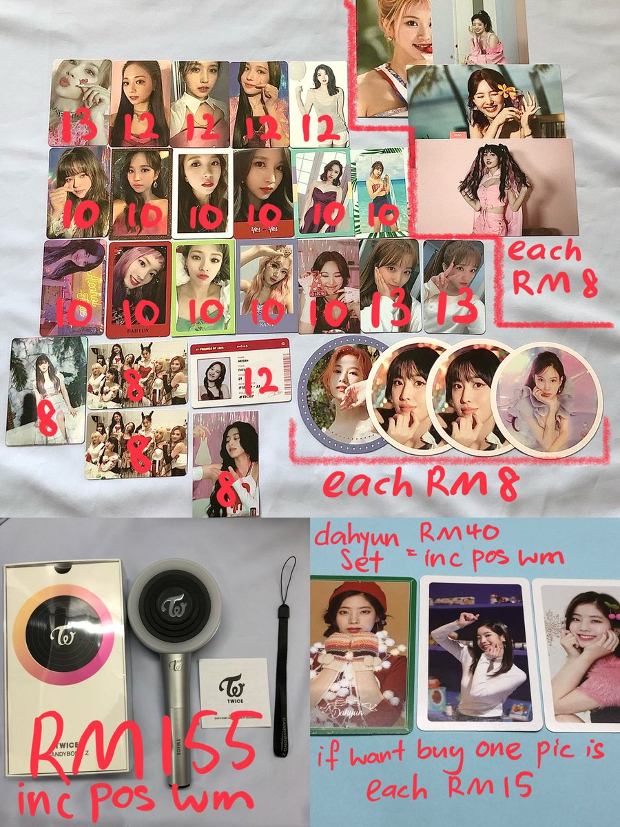 dusaminay's tweet photo. WTS 
Price in picture 
Buy more than 4 free postage WM
Postage WM RM6 EM RM10
Accept tng or bank in only 
Dahyun set and candy bong z can nego a bit
❌No shopee pay
❌No fussy buyer
Please help rt and thanks 💗
@pasartwice @twicesquareMY  #pasarONCE #pasarTWICE #pasartwice https://t.co/EKz5EZNC0Y