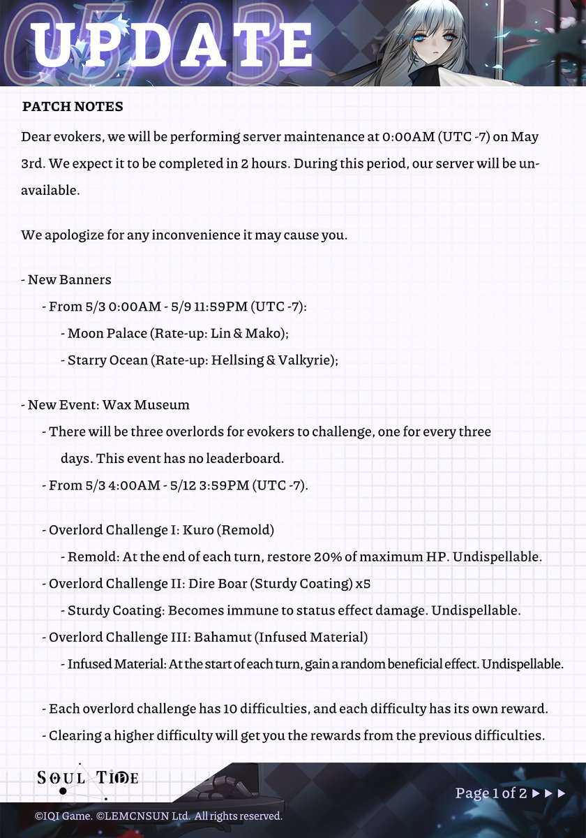 SoulTide's tweet image. 5/3 Maintenance Notice

Dear evokers, we will be performing server maintenance at 0:00AM (UTC -7) on May 3rd. We expect it to be completed in 2 hours. During this period, our server will be unavailable.

We apologize for any inconvenience it may cause you.

#SoulTide #Lemcnsun