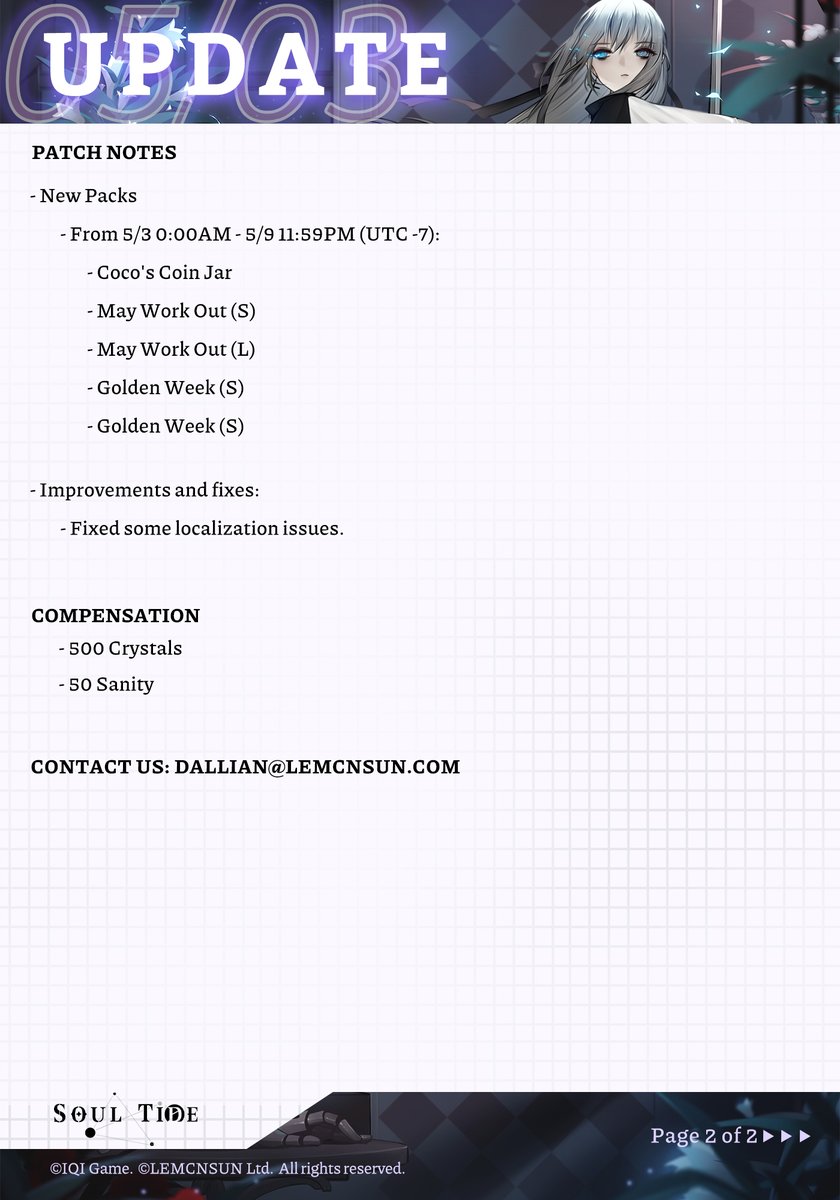 SoulTide's tweet image. 5/3 Maintenance Notice

Dear evokers, we will be performing server maintenance at 0:00AM (UTC -7) on May 3rd. We expect it to be completed in 2 hours. During this period, our server will be unavailable.

We apologize for any inconvenience it may cause you.

#SoulTide #Lemcnsun