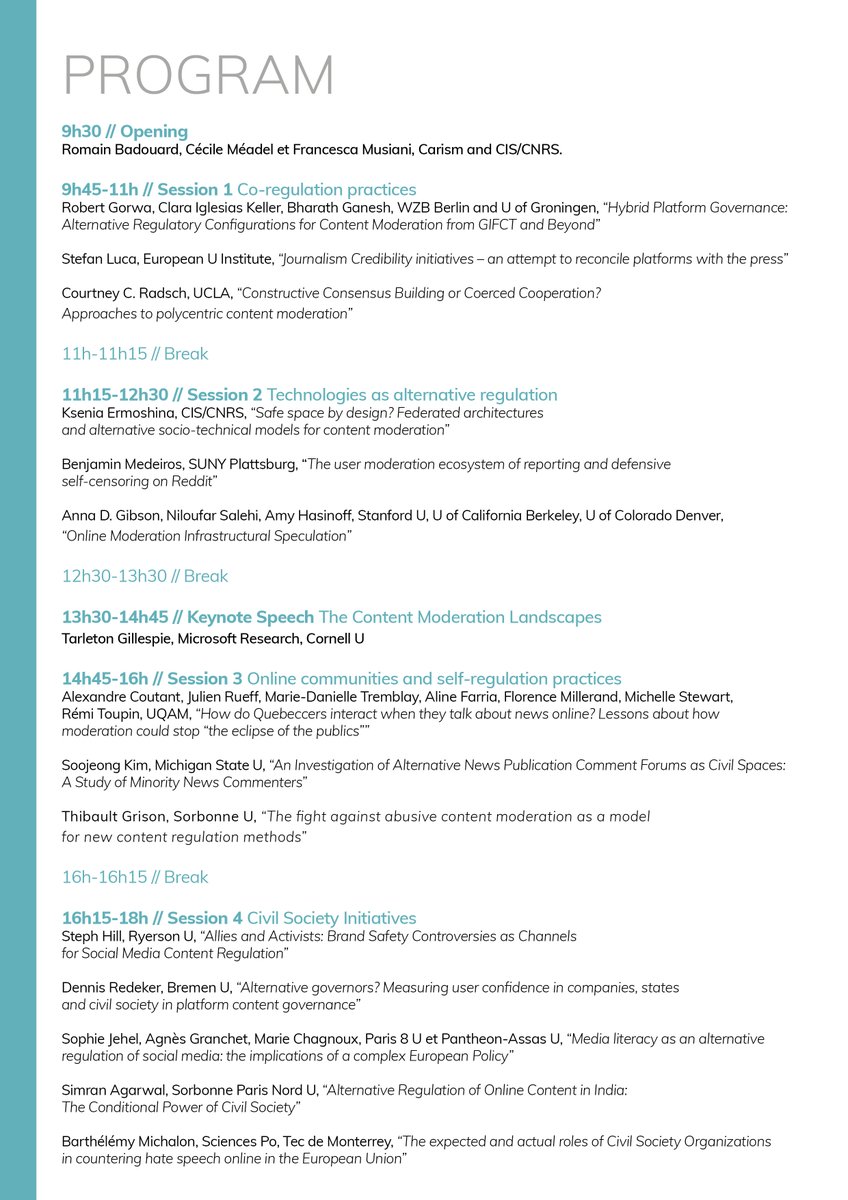 On May 25th, @Carism_IFP and <a href="/cis_cnrs/">Centre Internet et Société, Research Center @CNRS</a> will organise a pre-conference for #ICA22 <a href="/icahdq/">International Communication Association</a> on Alternative content #regulation on social media, with a keynote from @TarletonG, hybrid format (online and on site <a href="/AssasUniversite/">Panthéon-Assas université</a> ), open to all but registration required, more info ⬇️