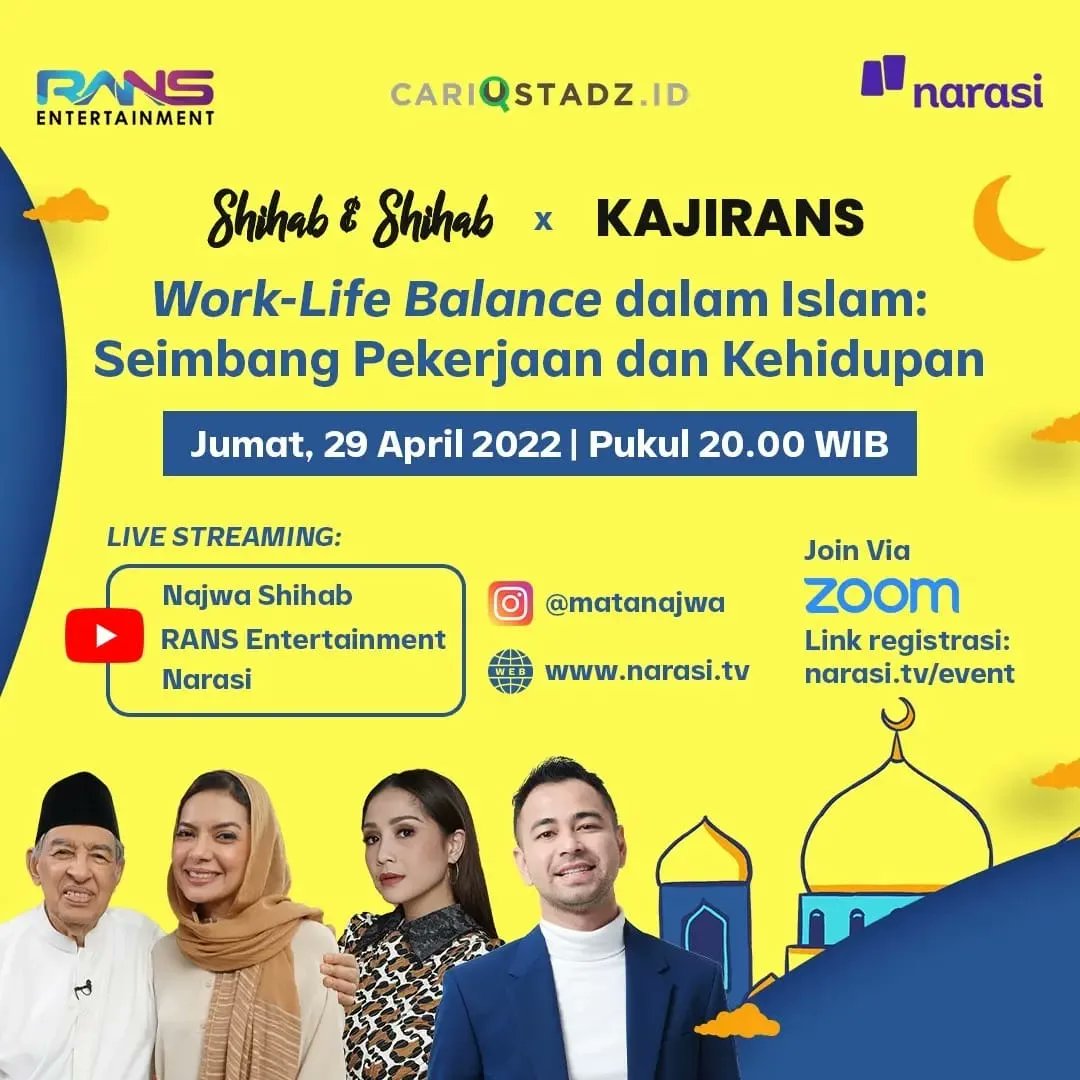 Malam ini,
Work-Life Balance dalam Islam: Seimbang Pekerjaan dan Kehidupan

Jumat, 29 April 2022 | Pukul 20.00 WIB, live streaming di media tersebut di bawah ini.
