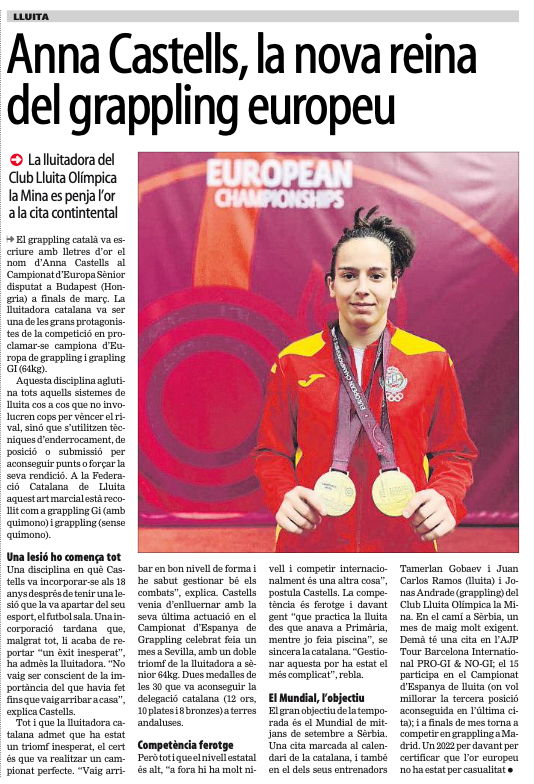 Anna Castells, la nova reina del Grappling Europeu
.
MUNDO DEPORTIVO VIERNES 29 DE ABRIL DE 2022