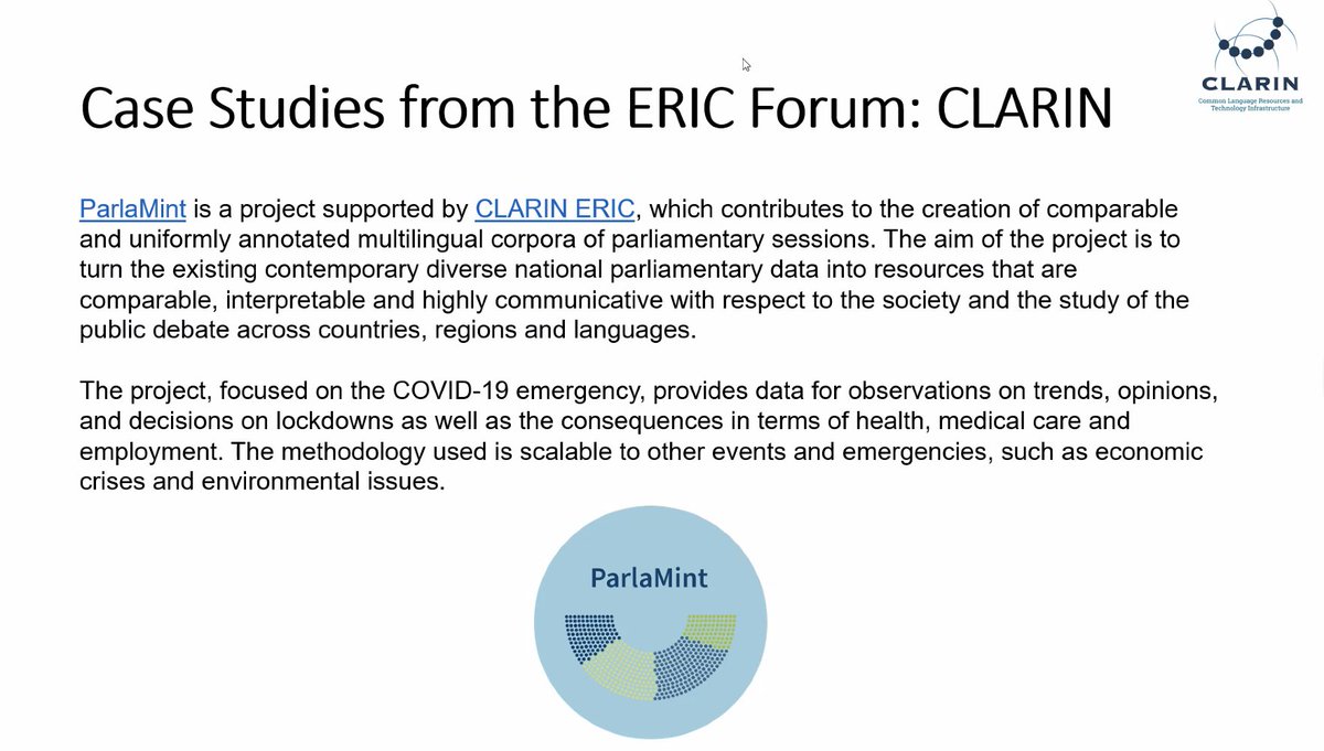 CLARINERIC's tweet photo. Franciska de Jong presenting three impactful CLARIN case studies at the @ERIC_forum policy seminar on the socio-economic impact of ERICs:
➡️the ParlaMint project https://t.co/3Ets56oerl 
➡️DELAD https://t.co/ujrlkMOsRZ 
➡️Mental health panel at #CLAIRN2021 https://t.co/qWh14oRVyh https://t.co/Y9G050vgES