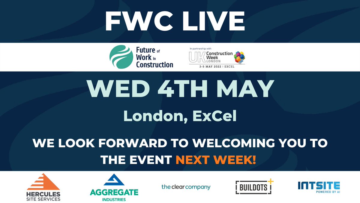 We look forward to welcoming you to the event next week!

Wednesday 4th May, and the London ExCel.

Still time to get you ticket if you have not done so: futureofworkinconstruction.com

#constructionevent #ukconstruction #constructionleade