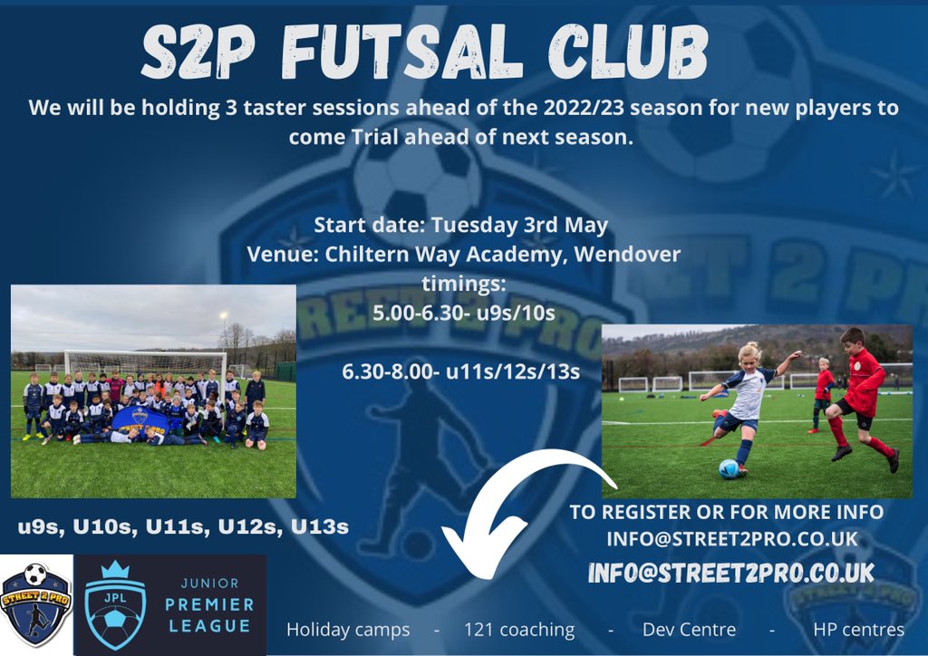 Proud to announce our new Futsal Club 
Starts:Tuesday 
U9s-u13s 
Info@street2pro.co.uk to book 

<a href="/BedfordFutsal/">Bedford Futsal Club</a> <a href="/Futsal_Focus/">Futsal Focus</a> <a href="/BerksandBucksFA/">Berks & Bucks FA</a> 
<a href="/HelveciaFC/">London Helvecia Futsal</a> <a href="/futsal/">futsal</a>