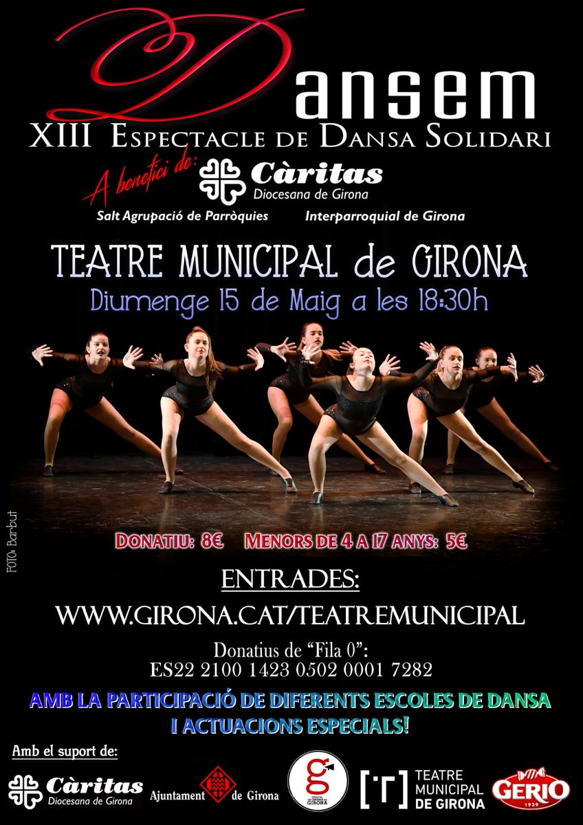 caritasgirona's tweet photo. CULTURA SOLIDÀRIA | 👯 #DANSEM, l'espectacle de ball solidari a benefici de @caritasgirona, arriba al @teatre_gi. Les escoles de dansa del territori ja estan preparades, i tu? No te'l perdis! 🥳👏
🗓️ 15/05
⏰ 18:30 h
#CàritasGirona
#CàritasSalt https://t.co/C5WqpwnBxl