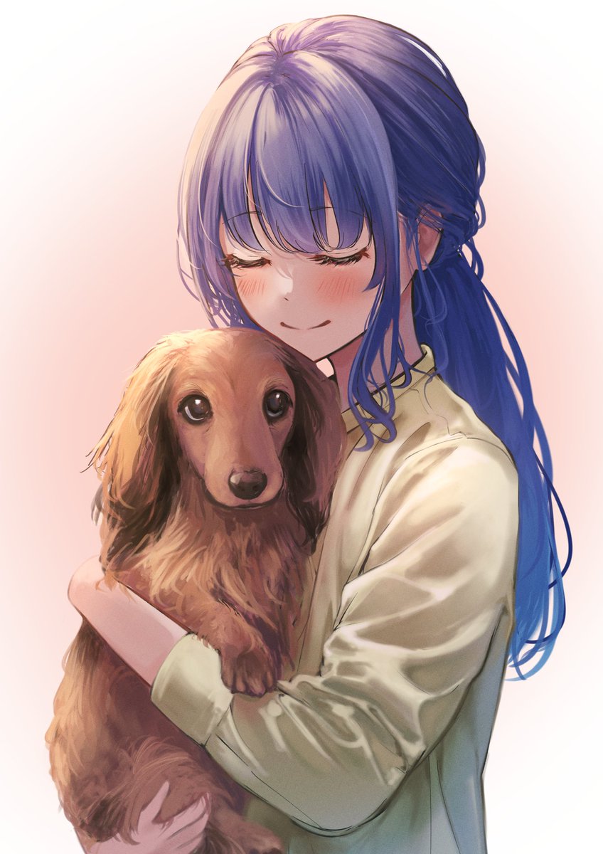 1girl dog closed eyes smile long hair blush animal  illustration images
