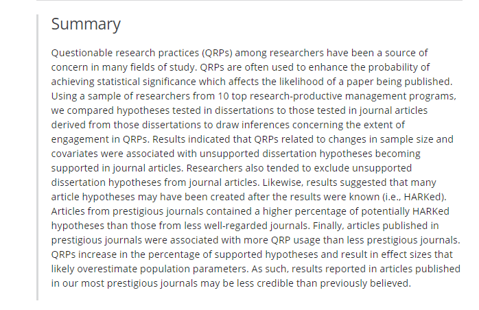 "Authors in our sample tend to suppress unsupported dissertation hypotheses by excluding them from the journal articles derived from the dissertations" 
"many article hypotheses were likely created after the results were known"

onlinelibrary.wiley.com/doi/10.1002/jo…