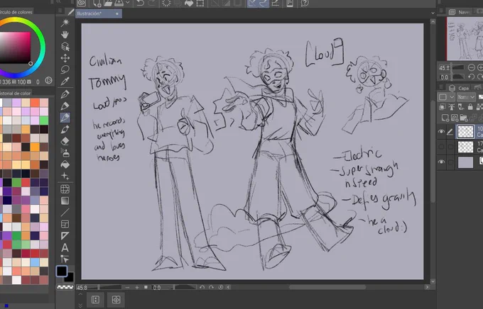 The full body sketch and the powers!

Tommy is called cloud 9, cuz his powers literally make him a cloud
Plus cloud 9 is an expression of extreme happiness/energy

Ranboo wanted to he known as "Chromatic Aberration" but it was too long and tommy dubbed him "Glitch" 