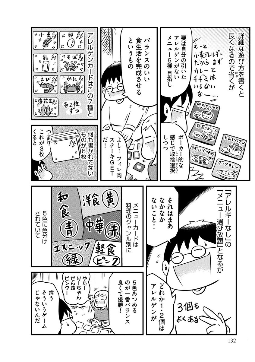 第13話は、食物アレルギーのカードゲーム、「らんらんランチ」の話。冒頭2ページ。 