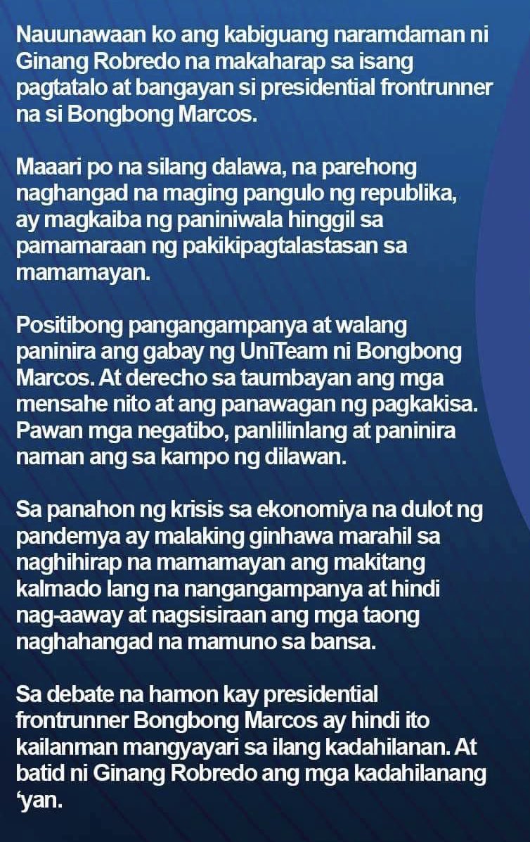 edupunay's tweet photo. READ: Statement of Bongbong Marcos’ spokesman Atty. Vic Rodriguez rejecting challenge of Vice President Leni Robredo to a one-on-one debate #BilangPilipino2022 @PhilippineStar https://t.co/Z1rc2qcdQn