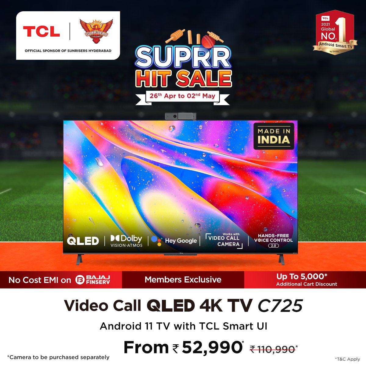 tcl_india's tweet photo. This weekend, ease yourself with the #HandsFreeVoiceControl 2.0 enabled #TCL #VideoCall #QLED #4K TV C725 during the #SuprrHitSale and avail members exclusive benefits and No Cost EMI.
Hurry, Buy now with - https://t.co/DkN32Fr28A
#InspireGreatness #TCLTheCreativeLife https://t.co/0bbu0mXfPF