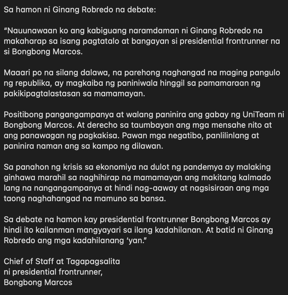 ABSCBNNews's tweet photo. 'Hindi ito kailanman mangyayari'
BASAHIN: Sinagot ng kampo ni presidential candidate Ferdinand "Bongbong" Marcos, Jr. ang hamon ni VP Leni Robredo para sa isang one-on-one debate.
Anila, maraming dahilan kung bakit hindi mapagbibigyan ang hiling ni Robredo. #Halalan2022 https://t.co/2XjSL4LUVQ