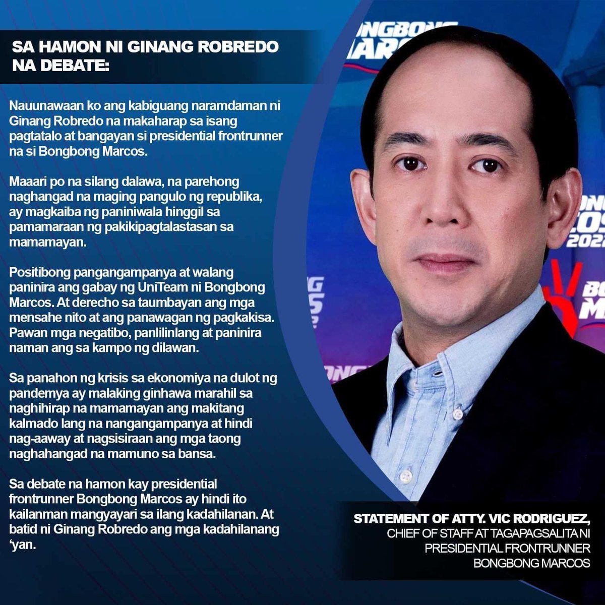 lianbuan's tweet photo. "Hindi kailanman mangyayari." Bongbong Marcos declines VP Robredo's challenge to debate one on one, reason given by spox Vic Rodriguez sticks to unity message, claiming that Filipinos don't like to see their leaders fight @rapplerdotcom https://t.co/dxJSpLkxYq