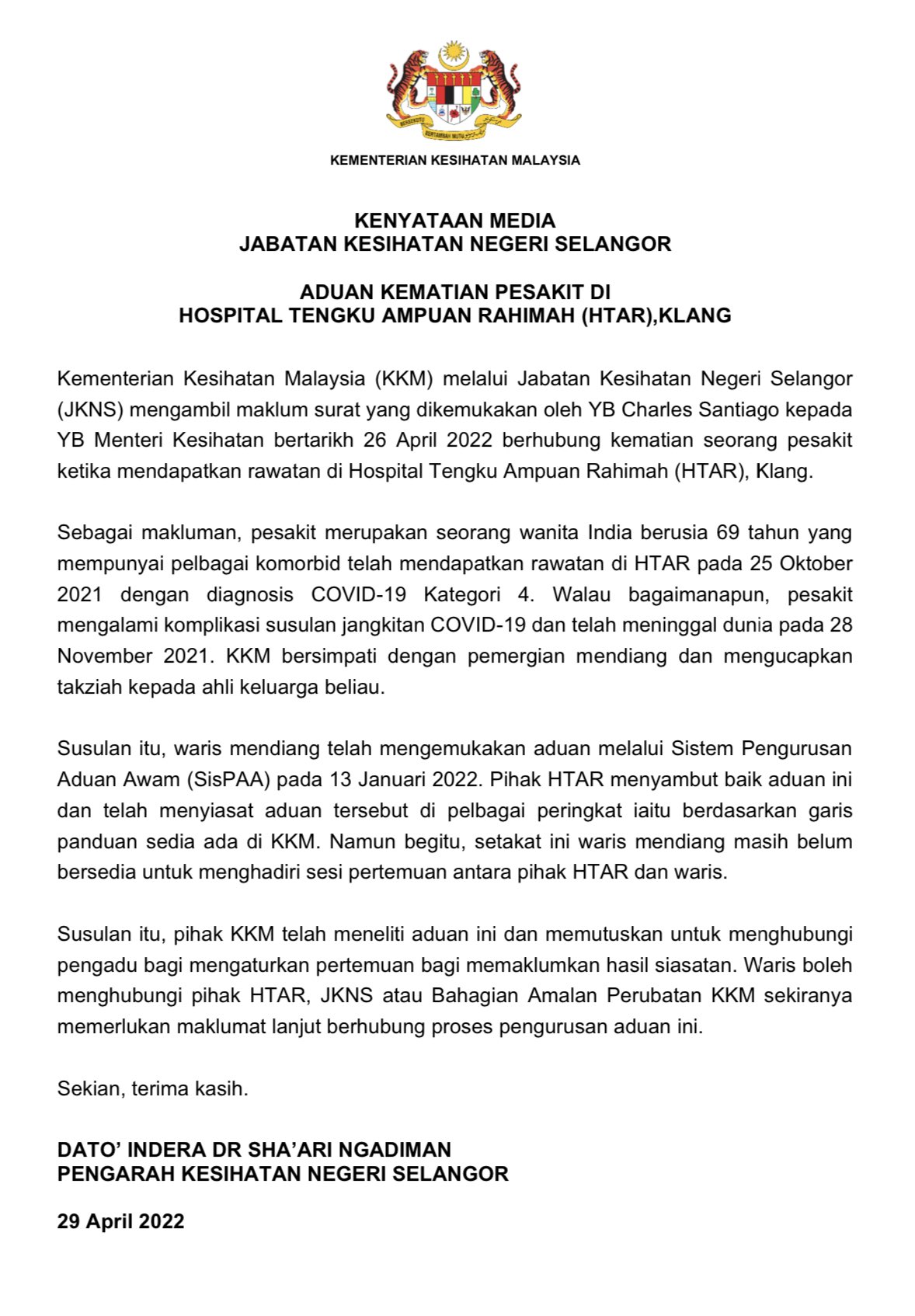 Kkmalaysia On Twitter Kenyataan Media Jabatan Kesihatan Negeri Selangor Aduan Kematian Pesakit Di Hospital Tengku Ampuan Rahimah Htar Klang Https T Co Bivcatcx8c Twitter