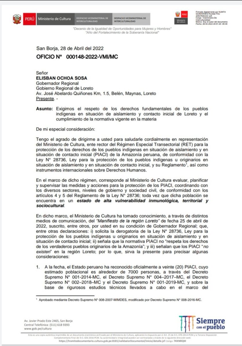 Ojo_Publico's tweet photo. #LoÚltimo El @MinCulturaPe exhortó hoy a Elisbán Ochoa Sosa, gobernador regional de Loreto, a proteger a los pueblos indígenas en aislamiento y contacto inicial (Piaci). El 25 de abril, el @GoreLoretoOf pidió derogar la ley que protege a estas poblaciones. 🧵 https://t.co/yA3eUnTUaq
