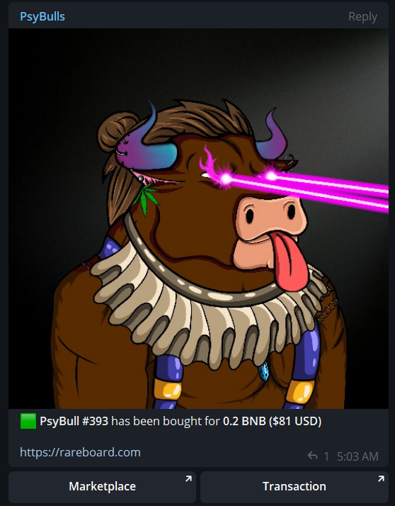 #PsyBulls #LaserGang sells out quicker than lemonade on a hot day! 

Minted for 0.04 BNB ( 16 USD ) and sold for $81 USD
on #NFTKEY #RAREBOARD

Flex your laser eyed PsyBull if you have one... And if you don't, you know what to do!

#NFT #NFTCommumity #NFTworld #BNB