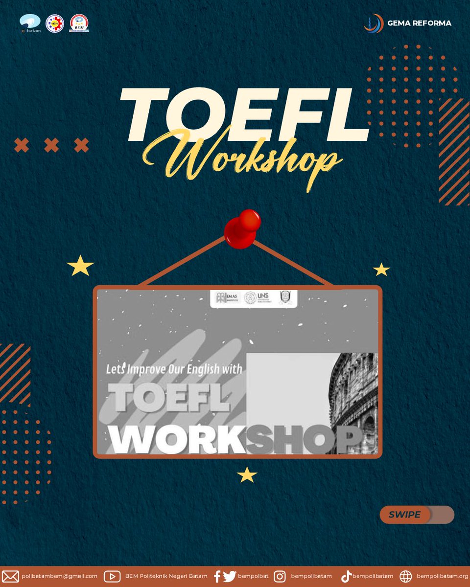 bempolbat's tweet photo. [MEDIA PARTNER -TOEFL Worskshop]

Halo teman-temanku🙋

Nah hadir kembali dengan membawa kabar baik berupa Test and Workshop TOEFL dengan berbagai benefit loh🤩

⬇️Daftarkan dirimu pada link berikut⬇️
https://t.co/GShUBQf78Y https://t.co/nL9aaxlBZa