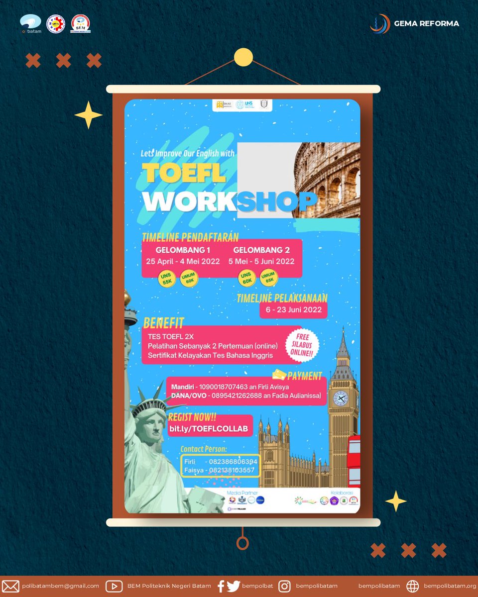 bempolbat's tweet photo. [MEDIA PARTNER -TOEFL Worskshop]

Halo teman-temanku🙋

Nah hadir kembali dengan membawa kabar baik berupa Test and Workshop TOEFL dengan berbagai benefit loh🤩

⬇️Daftarkan dirimu pada link berikut⬇️
https://t.co/GShUBQf78Y https://t.co/nL9aaxlBZa