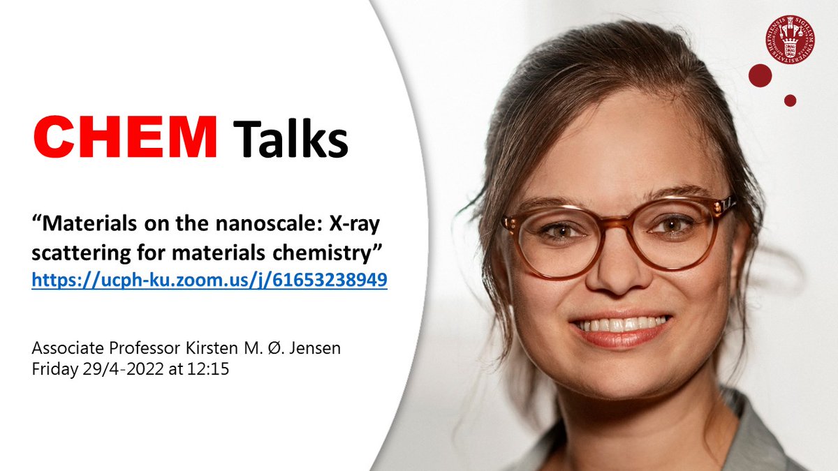 Remember our CHEM Talks today at lunchtime by associate Professor Kristen M. Ø. Jensen “Materials on the nanoscale: X-ray scattering for materials chemistry” ucph-ku.zoom.us/j/61653238949 #CHEMTalks #Chemistry #Nanoscience #scattering #materialchemistry