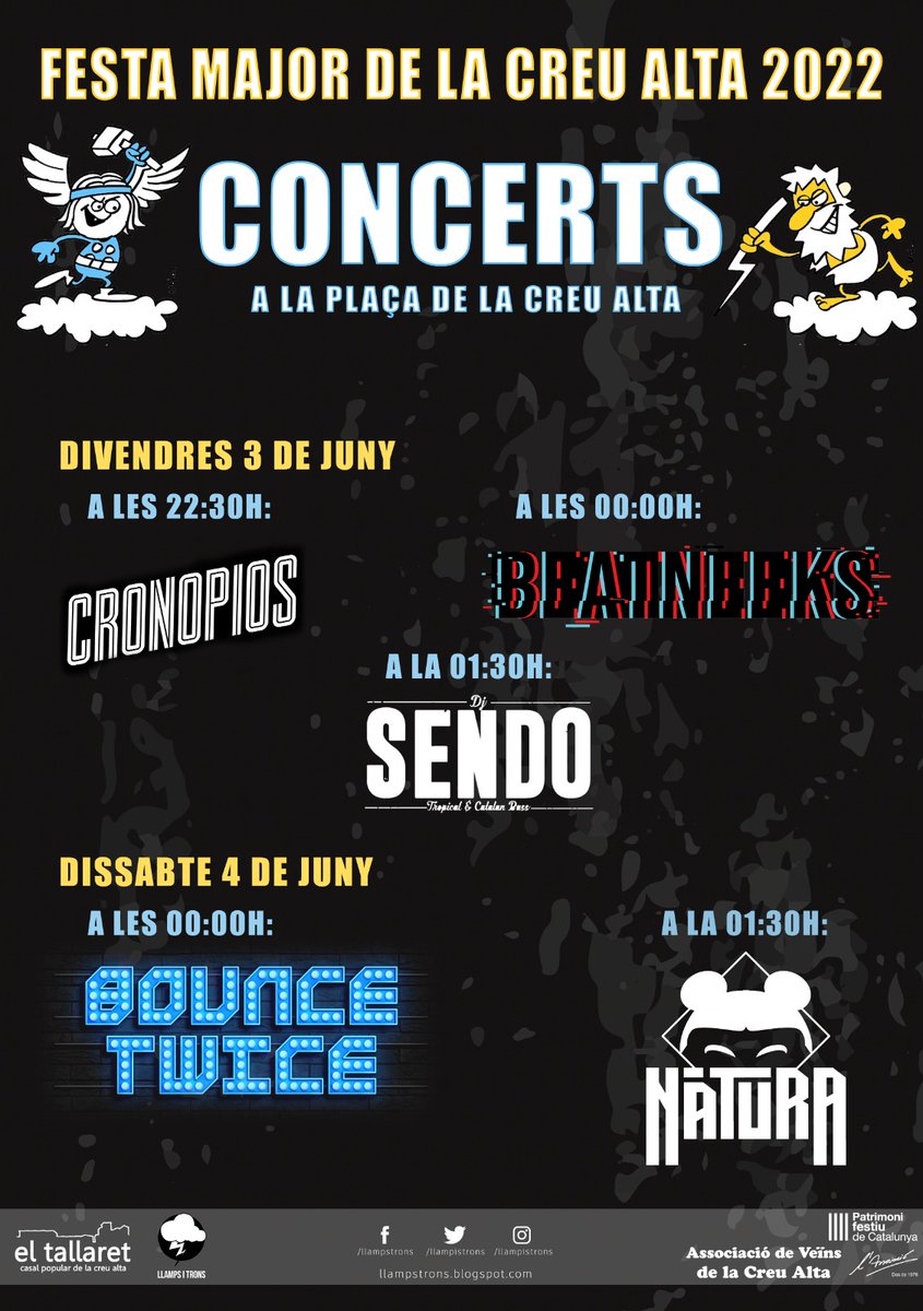 llampsitrons's tweet photo. Teniu ganes de Festa!!
Després de 2 anys aquest any tornem a omplir la plaça!!🎉🎉

Aquí teniu el cartellàs dels concerts de la Festa Major de la Creu Alta 2022

#FMLaCreuAlta #LlampsiTrons #concerts #laCreuAlta #sabadell #catalunya #païsoscatalans https://t.co/4HaBngCsxV