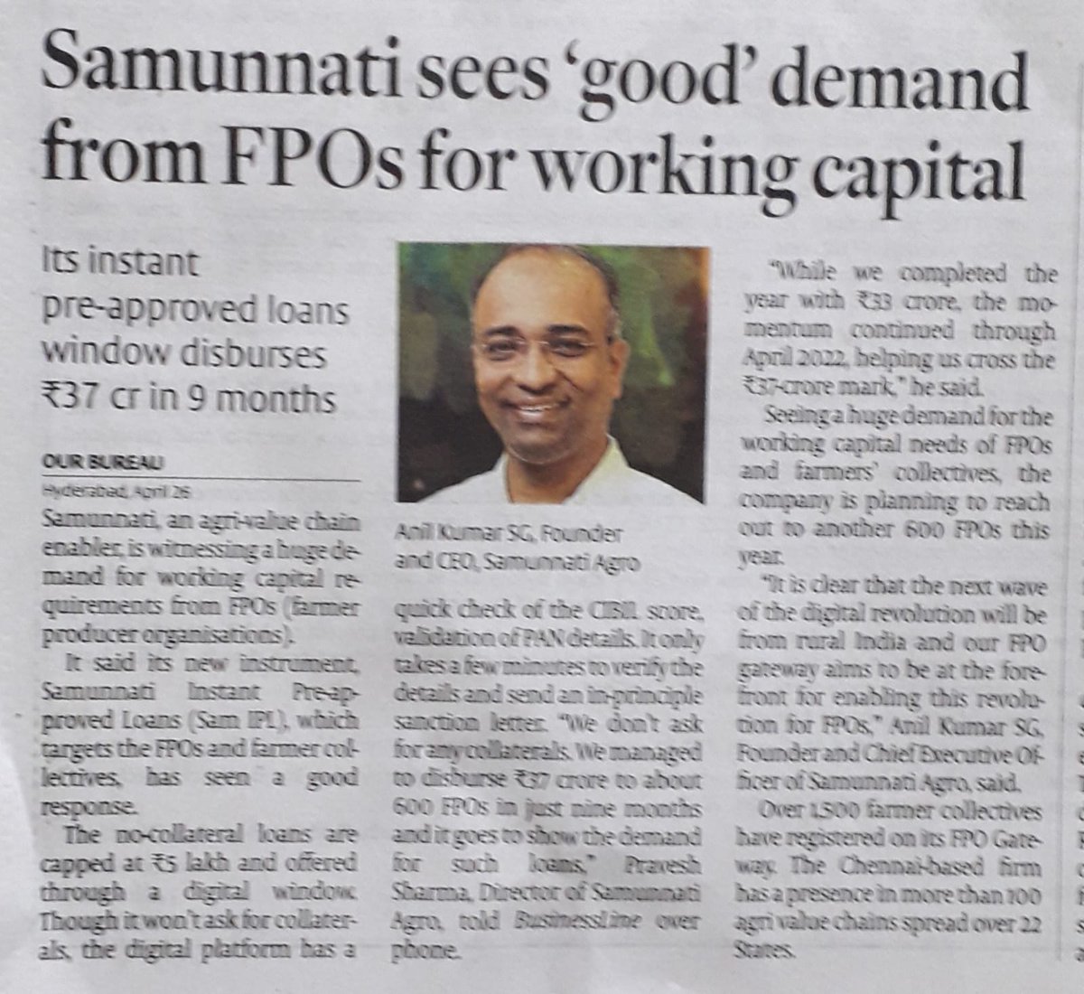 samunnati's tweet photo. An article about #SamIPL (Samunnati Instant Pre-Approved Loan) was published in the BusinessLine Newspaper dated 26th of April.
Navigate to the following link to have a glance: https://t.co/p7ms14rqoI
#Samunnati #SamIPL #SamFin #SamAgro #GPTWCertified #BusinessLine #InstantLoan https://t.co/2XaZ0gYY5y