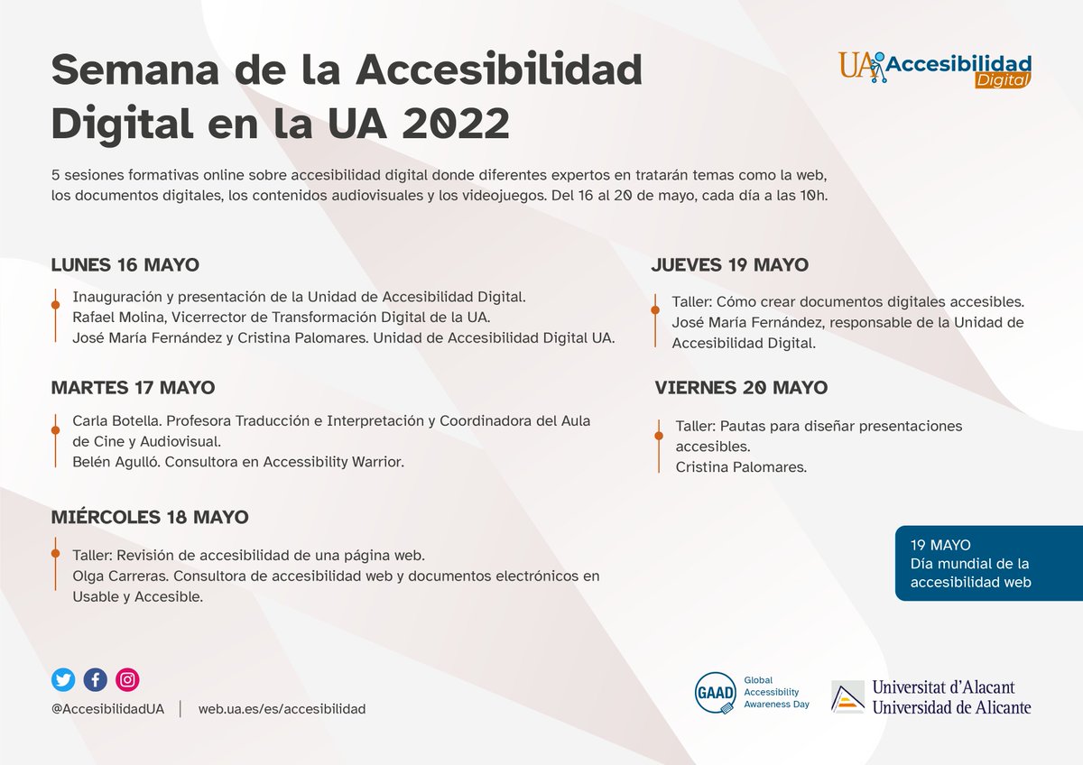Evento online y gratuito sobre #Accesibilidad Digital de la Universidad de Alicante, del 16 al 20 de mayo: web.ua.es/es/accesibilid… El miércoles participaré analizando en directo una página web. <a href="/AccesibilidadUA/">Accesibilidad Digital UA</a>