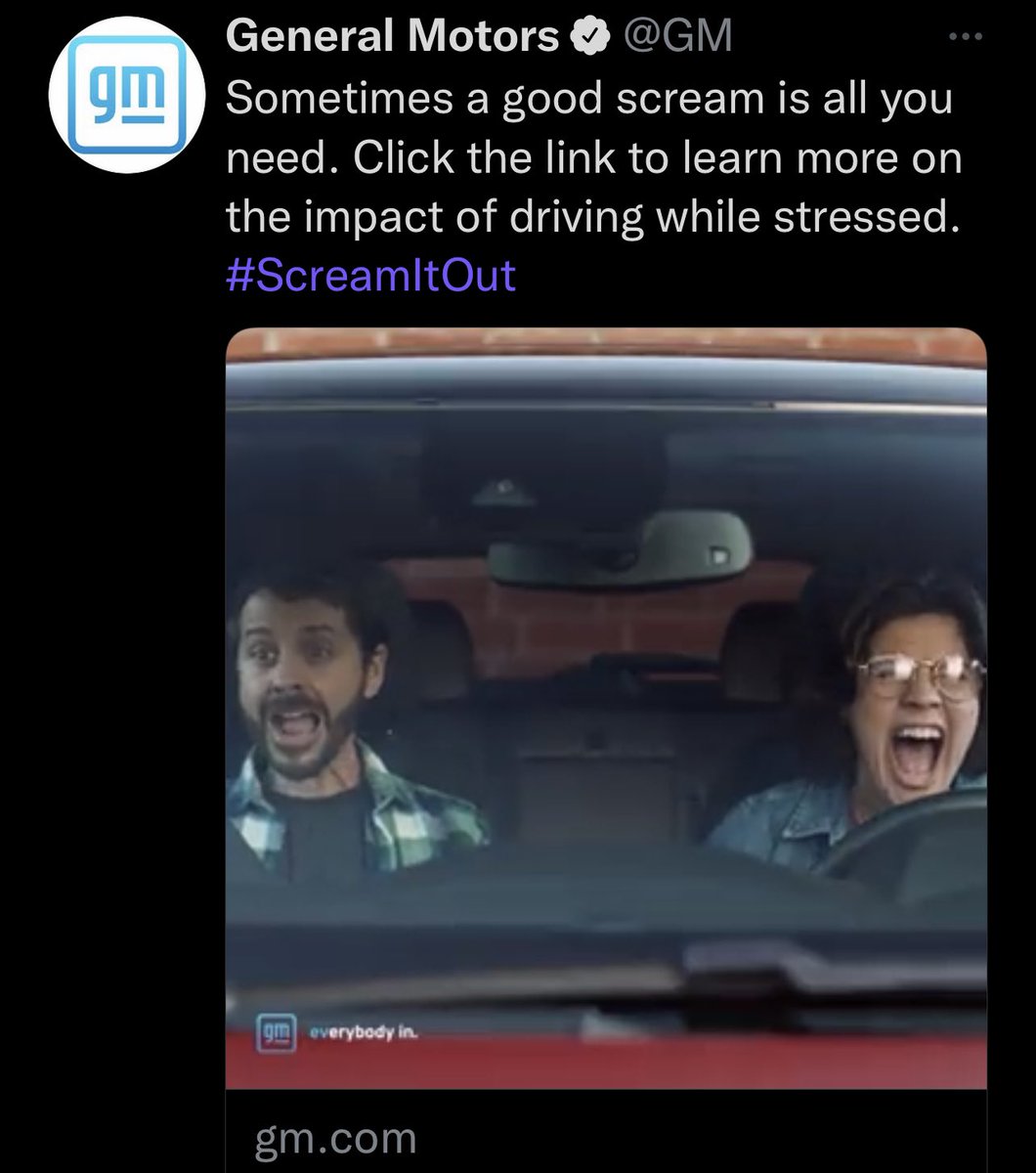 jhall's tweet photo. Weird new promoted ad from $GM 
Just people screaming in their Chevy Volts (I assume) before they catch on fire. 🤡🤡
I don’t think you can scream a fire out. #ScreamItOut https://t.co/DjViLiQDm4