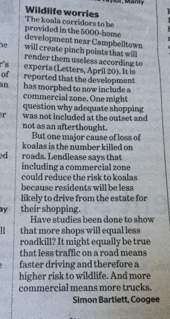 knitnannasSYD's tweet image. SMH 21.4.22,  about the disruption to koala bush corridors around Appin Road, a koala kill zone (80 kph) beside a huge Lendlease residential development.  James Griffin, NSW Min for Enviro is taking an interest, and gets it it seems..