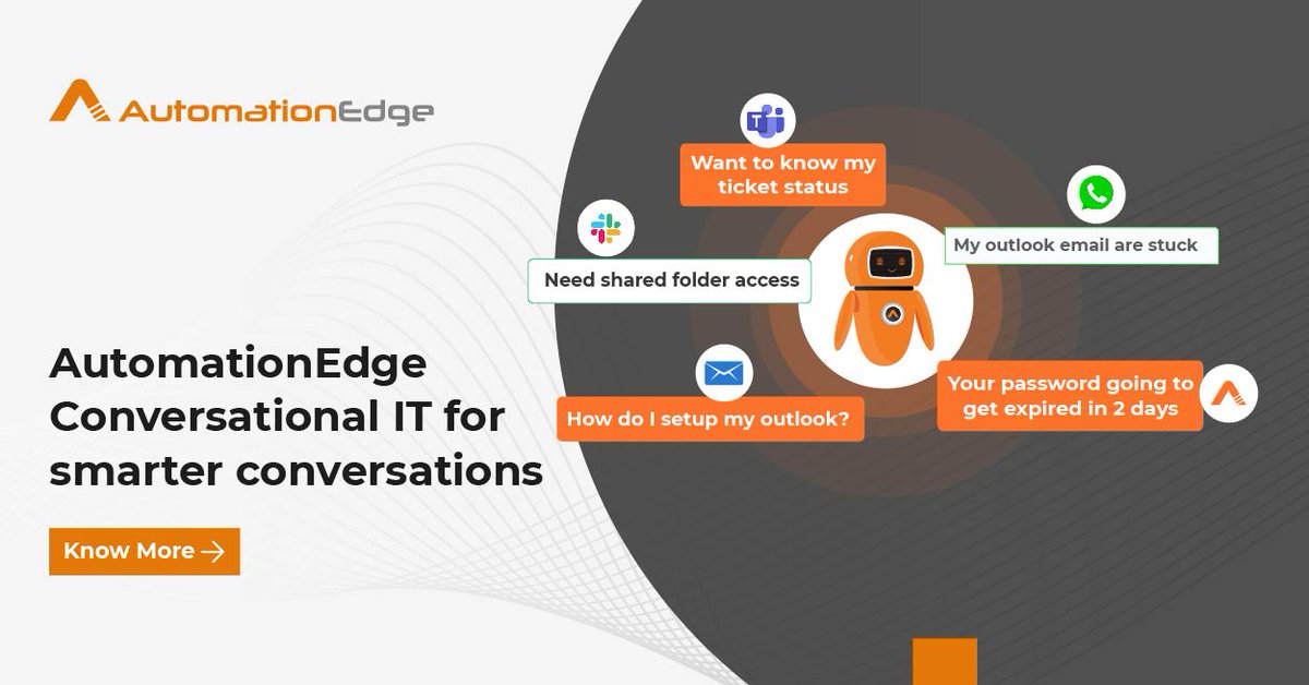 AutomationEdge's tweet photo. Make your IT operations smarter with AutomationEdge #ConversationalIT.

Considering the time and manual effort included in the IT process, Conversational IT is the paddle to drive efficiency and autonomous #IThelpdesk support

Know more: https://t.co/az2L1JCaZM

#ITAutomation #AI https://t.co/qyFBo3qROD