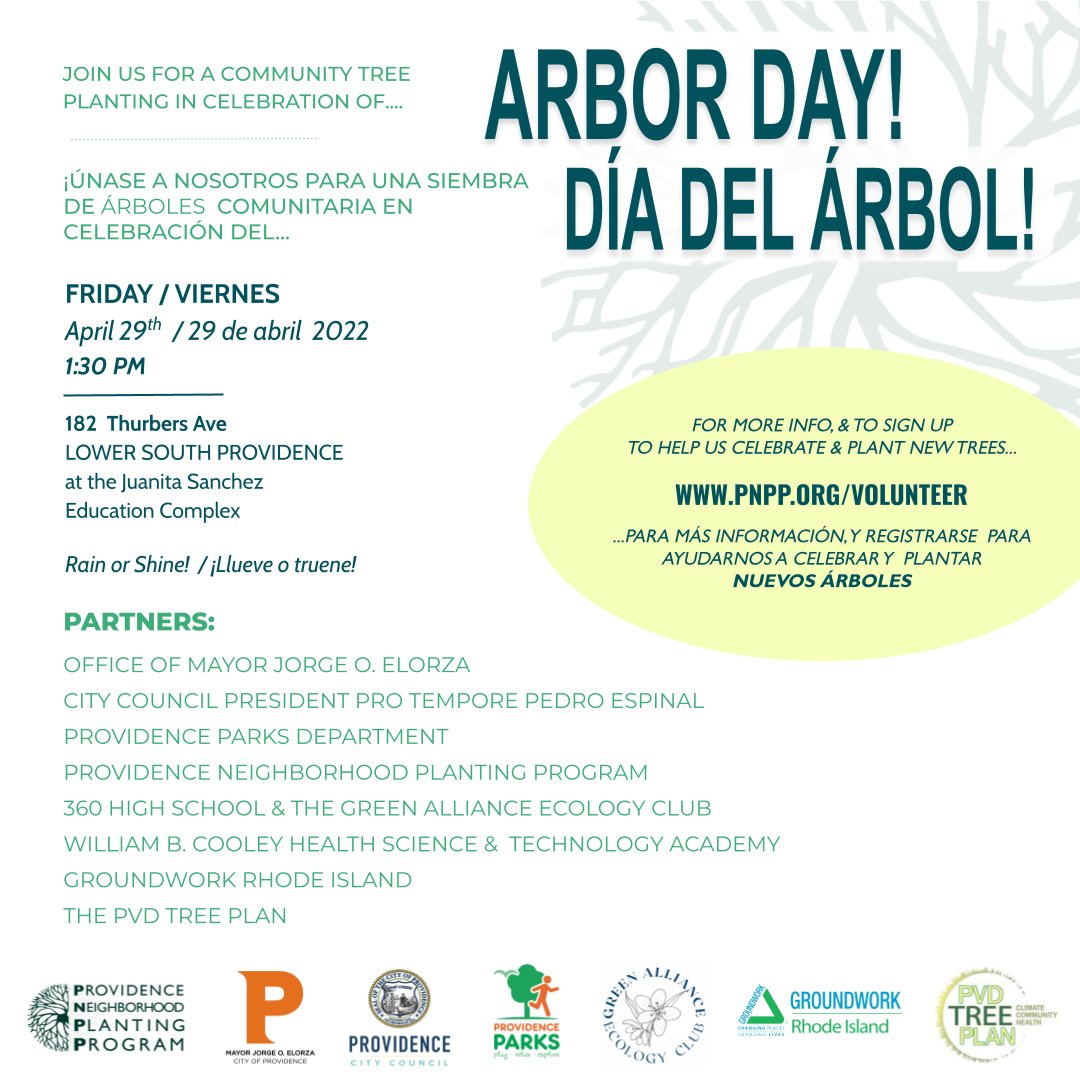 PNPPtrees's tweet photo. We'll be spending Arbor Day w/ friends & neighbors in South PVD: talking about #treeequity & the #PVDTreePlan--& getting trees in the ground! Join us to kick-things off @ 1:30pm at JSEC, where 360 HS’s Green Alliance Club will be hosting Providence’s official Arbor Day ceremony! https://t.co/WP9HLJiD7K