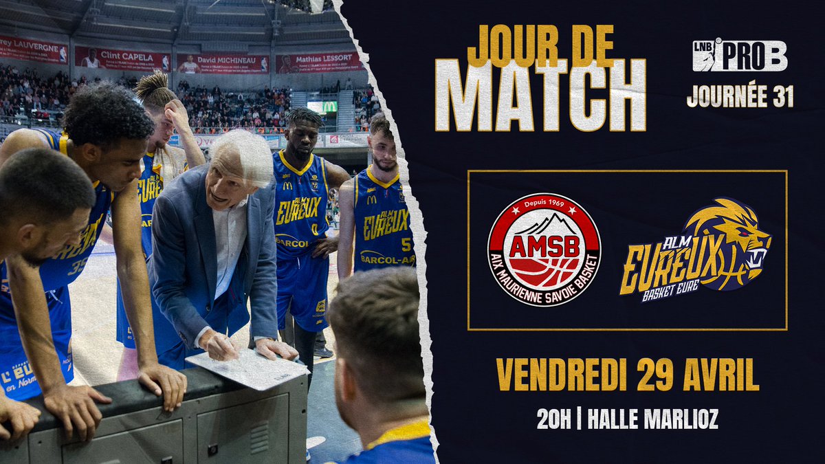 ALMEvreux's tweet photo. 🏀 JOUR DE MATCH
#ProB | J3️⃣1️⃣

🆚️ | @AMSB73
🕣 | 20h
📍 | Halle Marlioz
📺 | Live #LNBTV et retransmission au Relais de la Poste à Evreux !
📥 | Validez vos pronos : https://t.co/TLLIwgHTCa

🟡🔵 #TeamALM https://t.co/JBG6uM1DHs