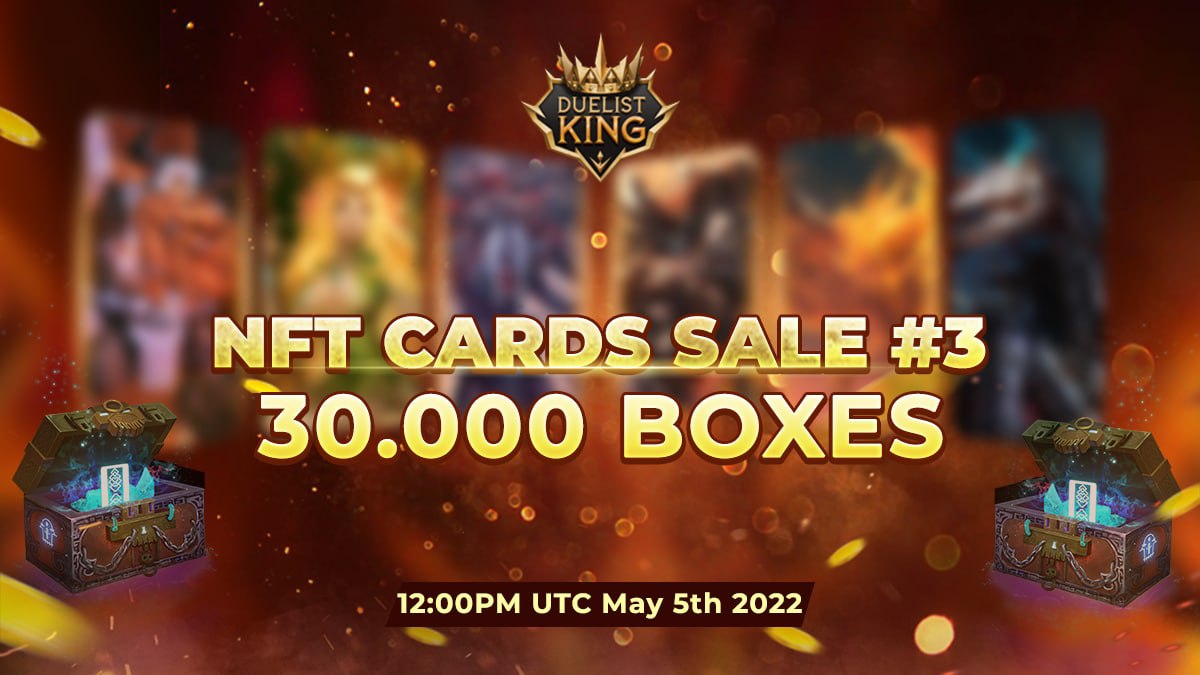 DuelistKingNFT's tweet photo. With over 500,000 NFTs sold out, 25,000 Registrants &amp; 2 NFT Sales ⚔️

Prepare for next generational NFT #gaming &amp; power up your decks with our latest collection 🃏

Presenting #NFT Cards Sale #3. Starting 5th May, 12:00 PM UTC ⏱️

🔶 https://t.co/89s6jgNvAY 

#NFTdrop #BNB https://t.co/yt9S4UFS31