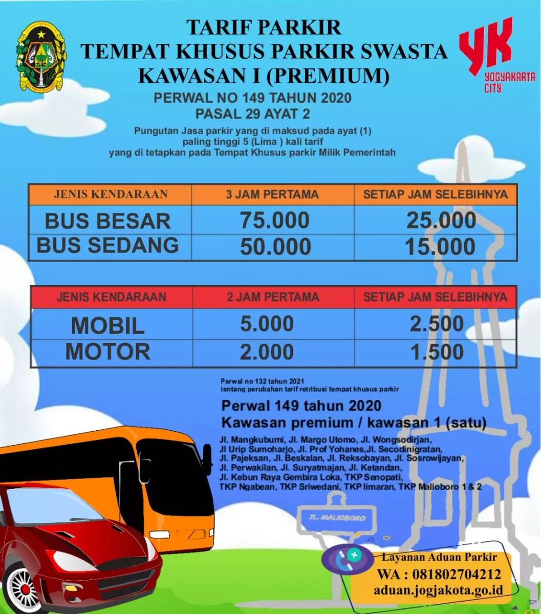 PemkotJogja's tweet photo. #SobatYK, berikut tarif parkir di Kota Yogyakarta sesuai dengan regulasi yang berlaku.
Apabila menemui pelanggaran tarif parkir maupun parkir liar sumangga melapor melalui WA Satgas Parkir Kota Jogja di 081802704212 atau melalui website https://t.co/beuNRXEjCq maupun aplikasi JSS https://t.co/UtP6vi0EGI