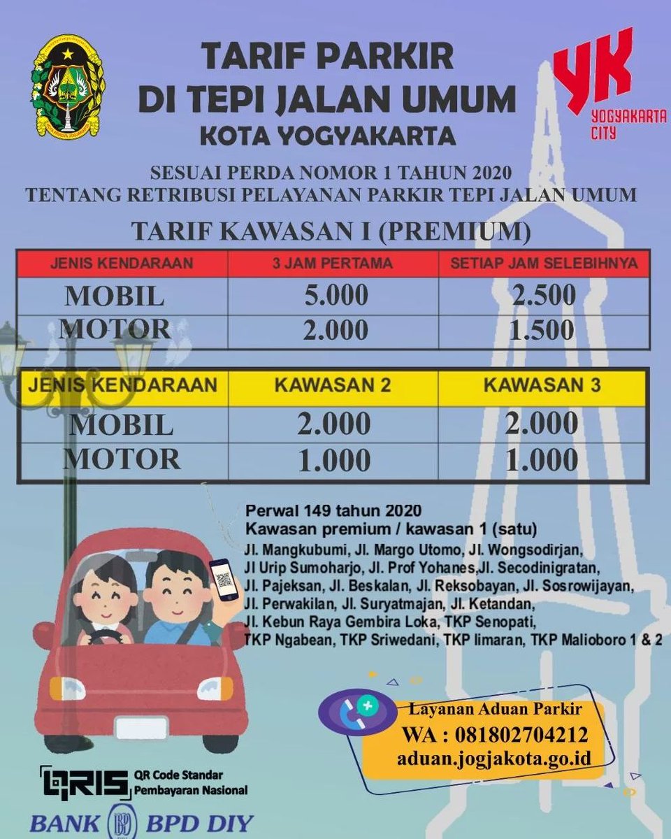 PemkotJogja's tweet photo. #SobatYK, berikut tarif parkir di Kota Yogyakarta sesuai dengan regulasi yang berlaku.
Apabila menemui pelanggaran tarif parkir maupun parkir liar sumangga melapor melalui WA Satgas Parkir Kota Jogja di 081802704212 atau melalui website https://t.co/beuNRXEjCq maupun aplikasi JSS https://t.co/UtP6vi0EGI