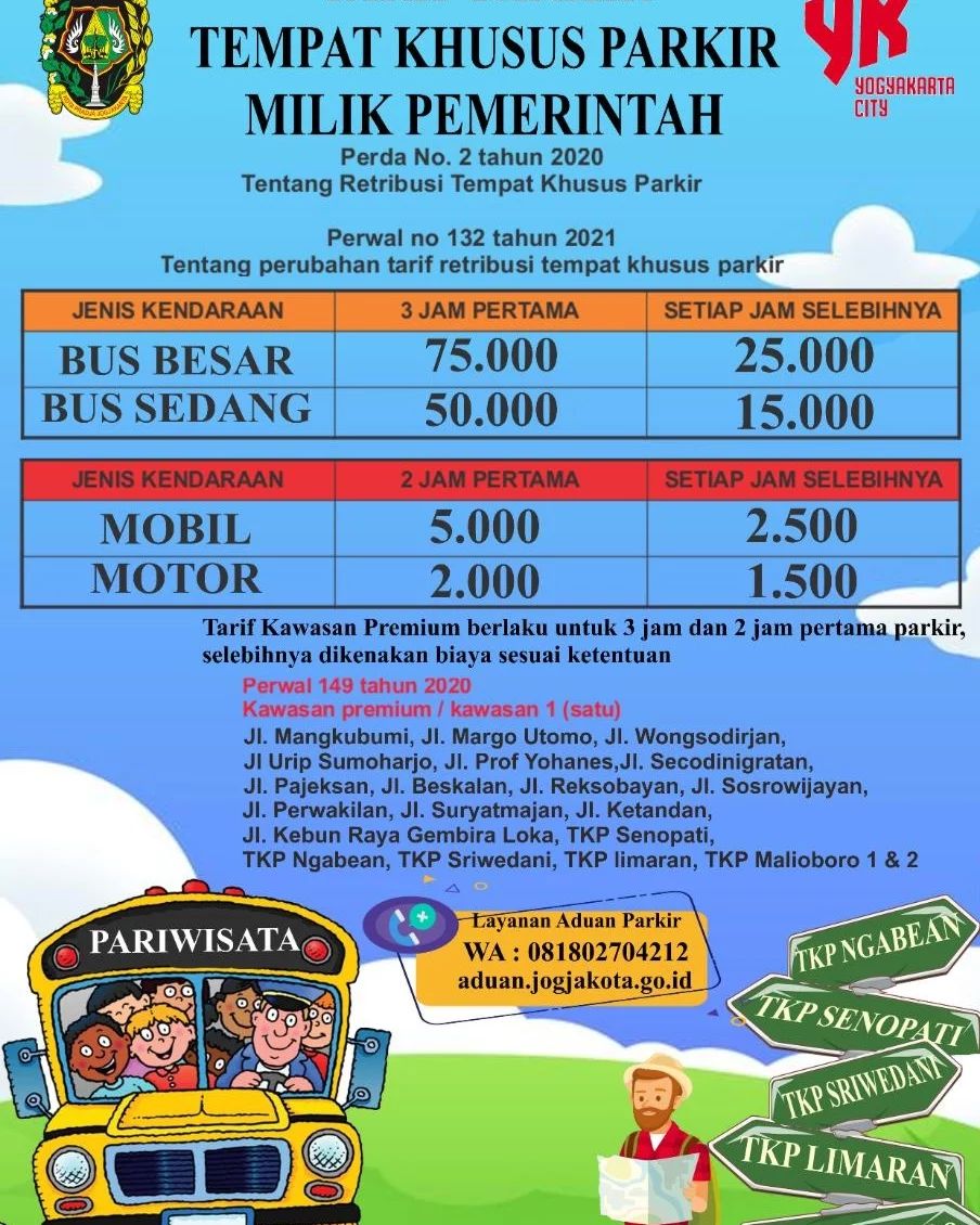 PemkotJogja's tweet photo. #SobatYK, berikut tarif parkir di Kota Yogyakarta sesuai dengan regulasi yang berlaku.
Apabila menemui pelanggaran tarif parkir maupun parkir liar sumangga melapor melalui WA Satgas Parkir Kota Jogja di 081802704212 atau melalui website https://t.co/beuNRXEjCq maupun aplikasi JSS https://t.co/UtP6vi0EGI