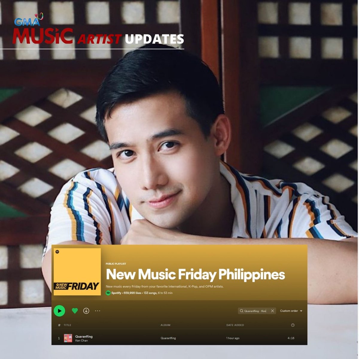 GMAMusic's tweet photo. Ken Chan's #Quaranfling lands on Spotify's New Music Friday PH playlist today! 💚 https://t.co/v3QmZWWp1T