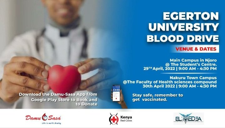 Every drop of blood can save a life. Make your mark! Egerton University Blood Drive🩸
<a href="/EUMEDSA/">EUMEDSA</a> 
<a href="/damu_sasa/">Damu Sasa</a> 
<a href="/KenyaRedCross/">Kenya Red Cross</a>