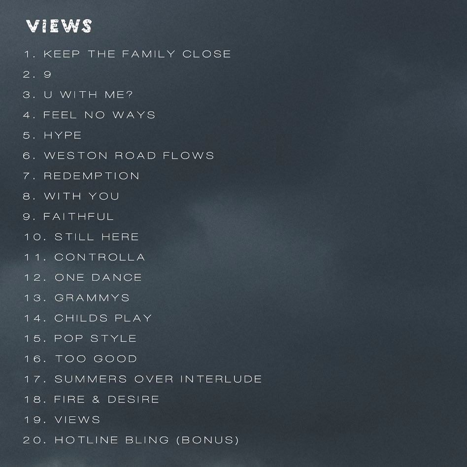 WordOnRd's tweet photo. 6 years ago, Drake dropped his VIEWS album. It debuted at #1 on the Billboard 200 giving Drake his 6th consecutive #1 album. It was the first album to reach 1 billion streams on Apple Music and is RIAA certified 6X platinum. VIEWS has now spent 310 weeks on the Billboard 200. https://t.co/GhI8lfr4oH