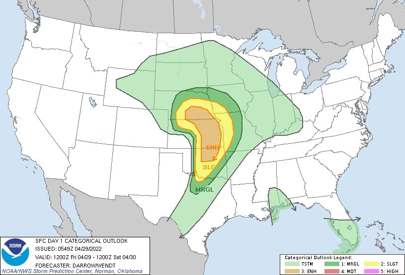 12:51am CDT #SPC Day1 Outlook Enhanced Risk: across portions of the central and southern Plains go.usa.gov/YWq5