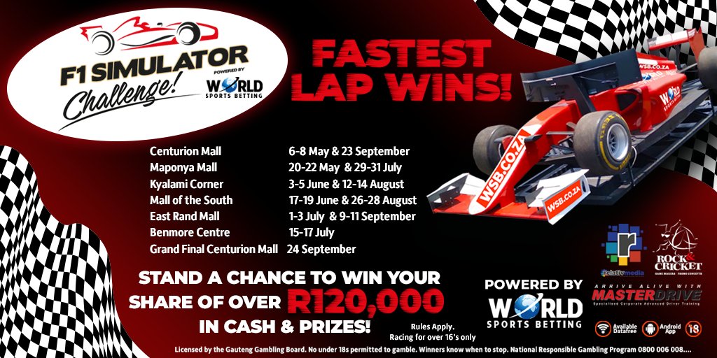 WorldSportsBet's tweet photo. F1 Simulator Challenge! 

6 May-24 September 2022 with over R120,000 in cash and prizes to be won!

Racing for over 16's only. T&amp;C’s Apply.

#F1SimulatorChallenge https://t.co/uamOw6OYC6
