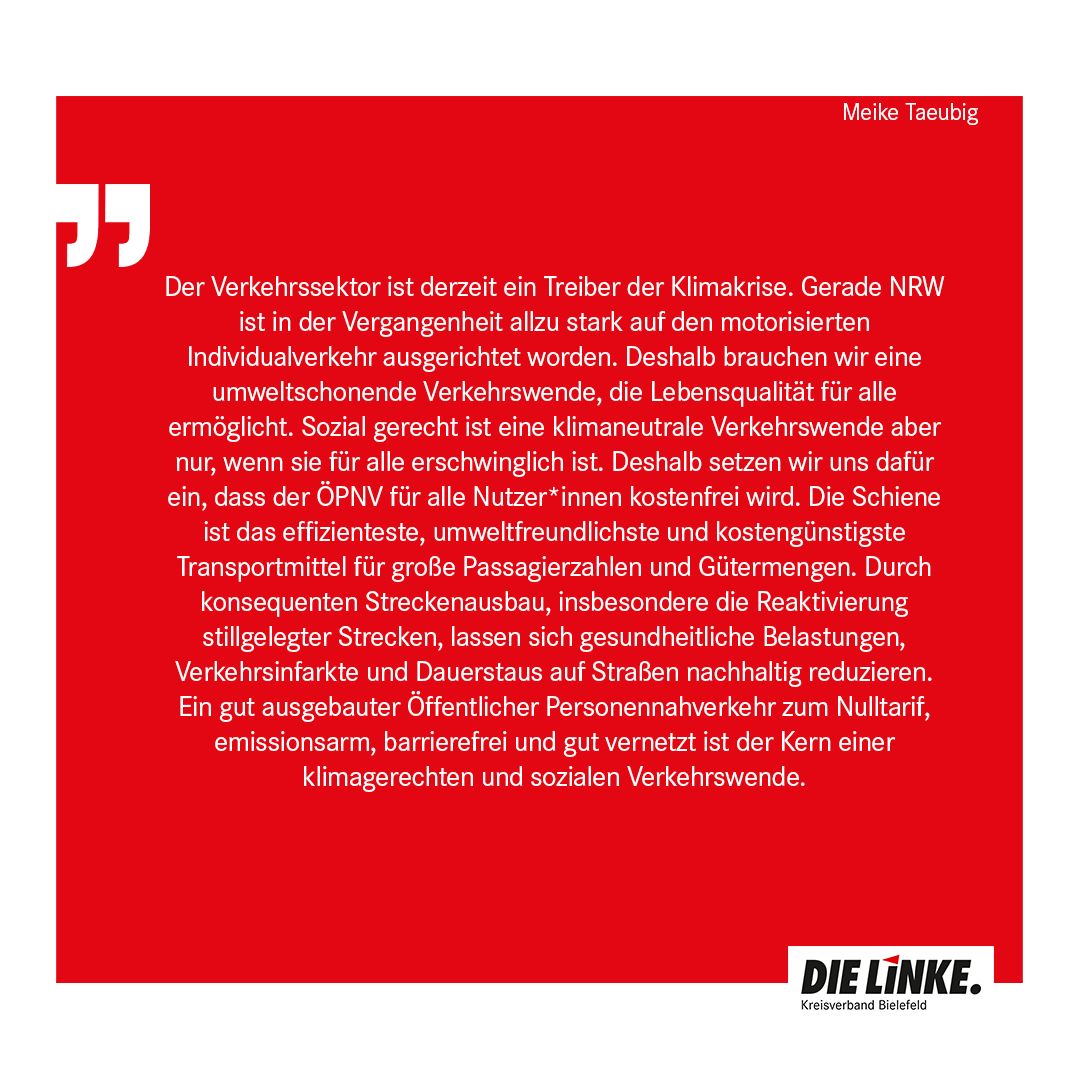 DieLinkeBi's tweet photo. Am 15. Mai DIE LINKE!
Soziale Verkehrspolitik!
Der öffentliche Personennahverkehr soll emissionsarm und für die Menschen gebührenfrei gemacht werden.  Auf dem Land müssen die Bus- und Bahnlinien erheblich ausgebaut, in den Städten die Taktungen unbedingt verdichtet werden. #LTW22 https://t.co/tSKc8BYGF9