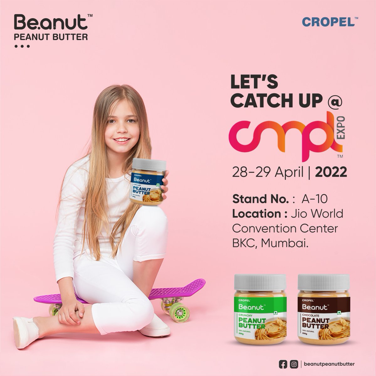 beanut_peanut's tweet photo. Catch up your healthy delicious peanut butter here, 
✅ Visit us:-
CMPL Expo (BKC, Mumbai)
28th - 29th April 2022
Stand No. A-10
Location: Jio World Convention Center 
#Cropelinternational #foodexhibition #peanutprocessing #manufacturer #healthylifestyletips #butterexhibition https://t.co/MSAz18byzB