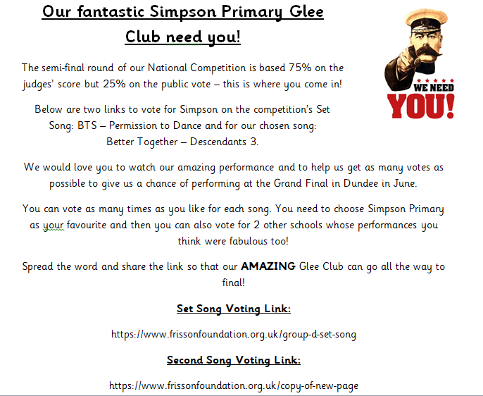 Thank you to everyone who has voted and retweeted so far! Let's spread the word and get voting Team Simpson to send our wonderful bairns to the final! :) 7 days left of voting to go!

Set song link:
frissonfoundation.org.uk/group-d-set-so…
Second song link:
frissonfoundation.org.uk/copy-of-new-pa…