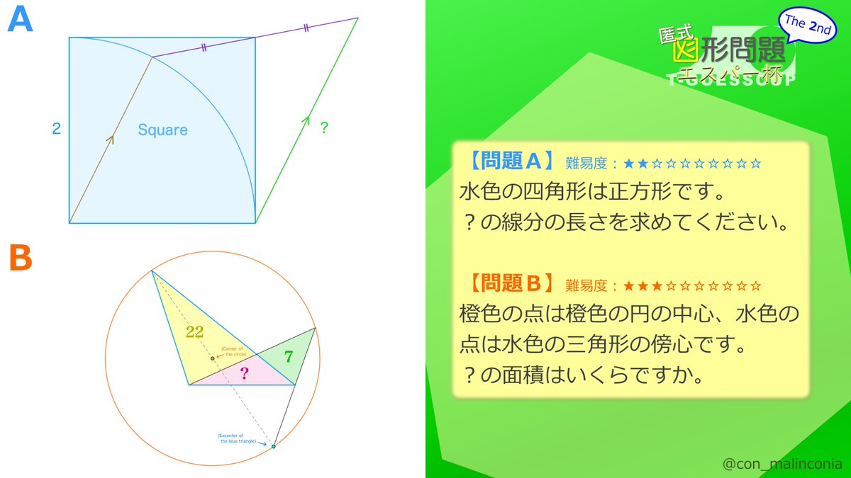 con_malinconia's tweet photo. 【匿式図形問題エスパー杯 The 2nd】Tock's Geometry "Using Extra-Sensory Solutions" Cup - The 2nd (T-GUESS Cup 2)
を開催します。

全力で答えを当てに行きましょう。

※コンテストに関して何らかの補足がある場合、本ツイートのスレッドに投稿します。

#TGUESSCup2 https://t.co/FzAdqflbth